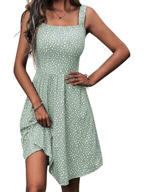 Women's Summer Square Neck Dress with Pocket Sleeveless Green Floral High Waist